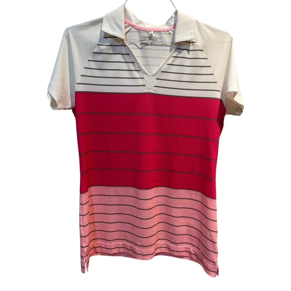 Nike Golf Dri-FIT Polo Women’s Large Pink Gray Striped V-Neck Stretch Shirt EUC